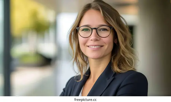 portrait of a young businesswoman smiling wearing glasses and a suit