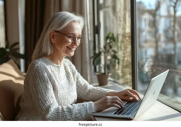 Senior Woman Working on Laptop by the Window