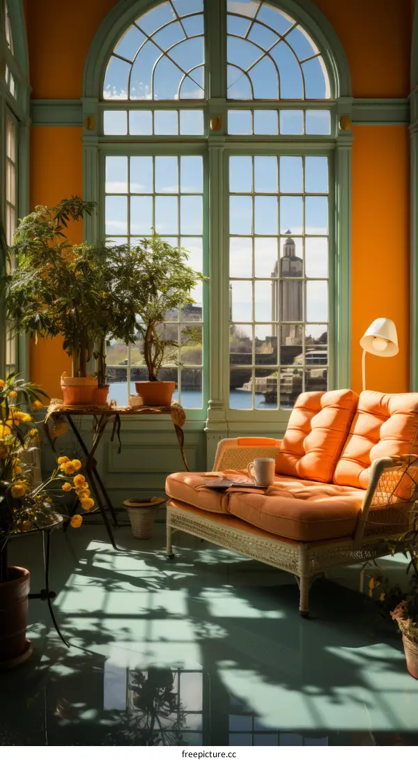 Vintage living room with large windows overlooking a cityscape