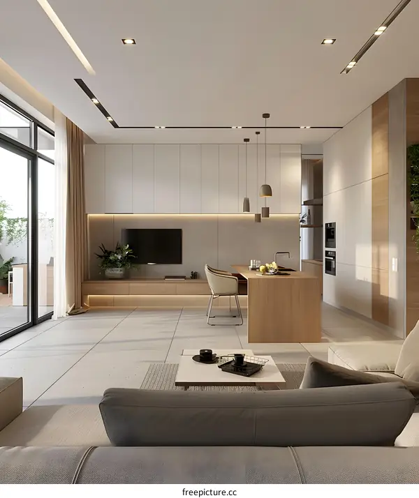 Modern Minimalist Living Room and Kitchen Interior Design
