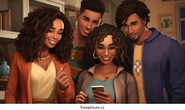 Four happy friends looking at a phone