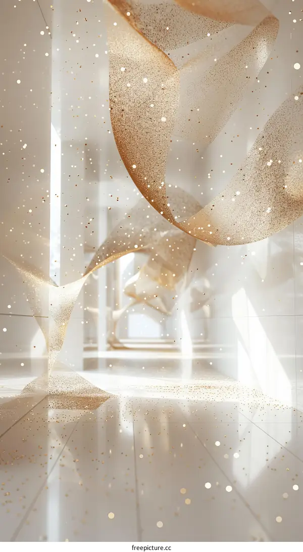 Golden Abstract Structure with Falling Glitter