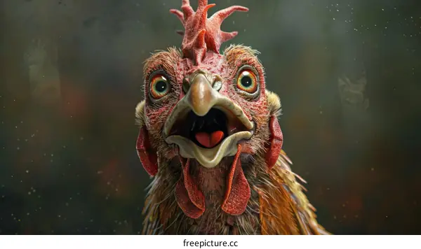 A close-up of a chicken with its beak open and eyes wide