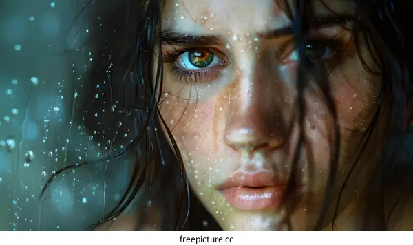 Portrait of a young woman with water drops on her face
