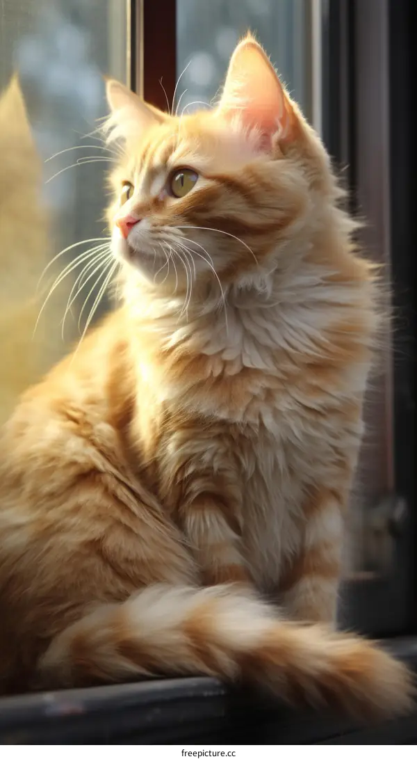 A ginger cat is sitting on a windowsill and looking outside the window