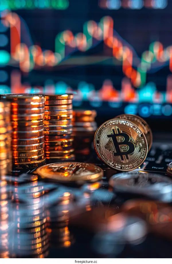 Stacks of physical bitcoins in front of a computer screen displaying a stock chart.
