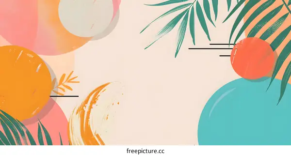 Abstract Tropical Art Illustration with Palm Leaves and Colorful Circles