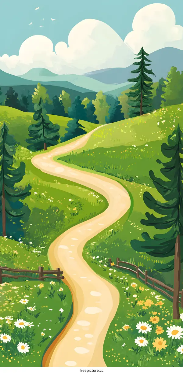 Winding Road Through Green Hills and Mountains Illustration