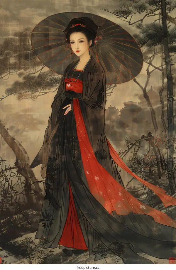 A beautiful Chinese woman holding an umbrella