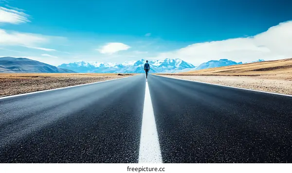 Asphalt Road Leading to Snowy Mountains with a Single Figure