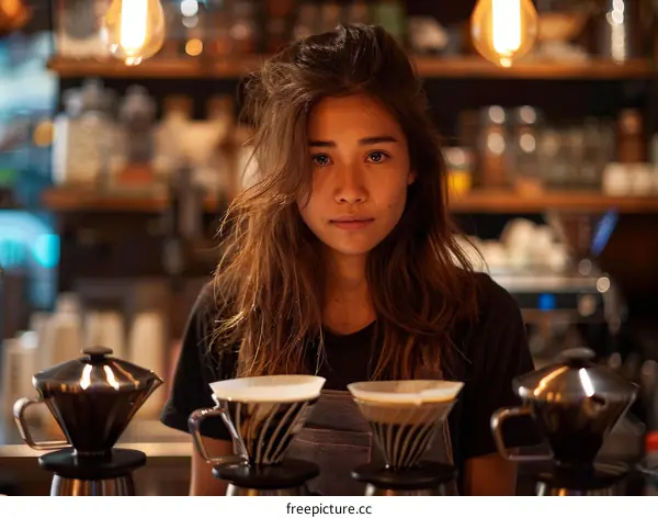 Portrait of a young Asian female barista standing behind a counter in a coffee shop