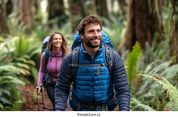 Couple Hiking Through Lush Green Forest