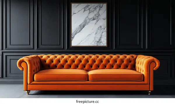 Classic Orange Velvet Chesterfield Sofa in Dark Room