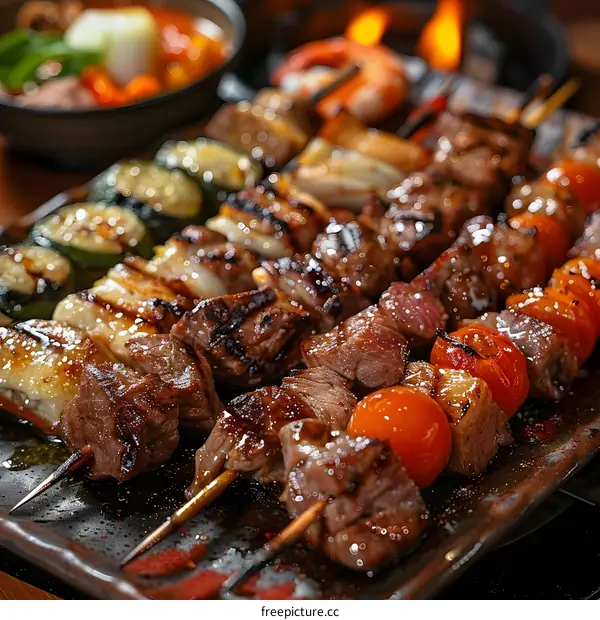 Various kinds of meat and vegetable skewers on a hot plate