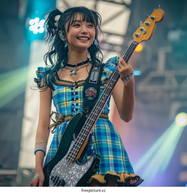 Japanese female bassist Risa Honma playing bass guitar on stage