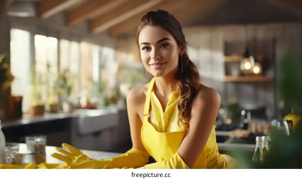 Portrait of a beautiful young woman in a yellow apron and gloves smiling