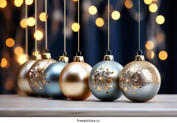 Blue and gold Christmas ornaments hanging in front of a blurred background of twinkling lights.