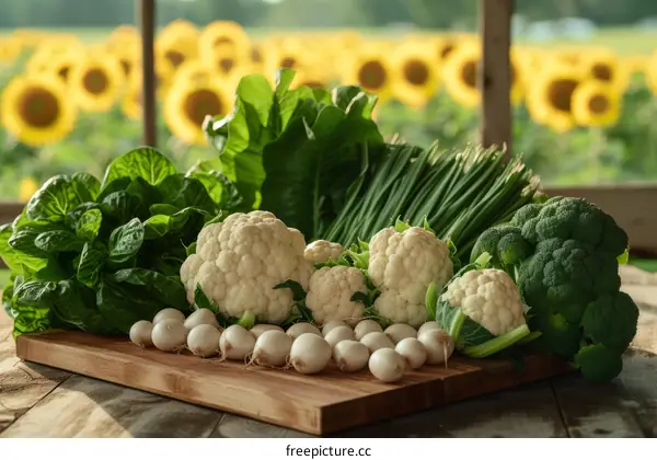 Fresh vegetables on a wooden table with a field of sunflowers in the background