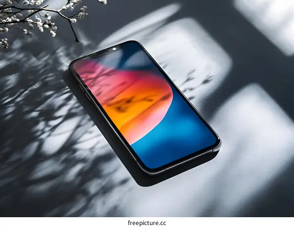 Black Smartphone with Abstract Background on White Surface