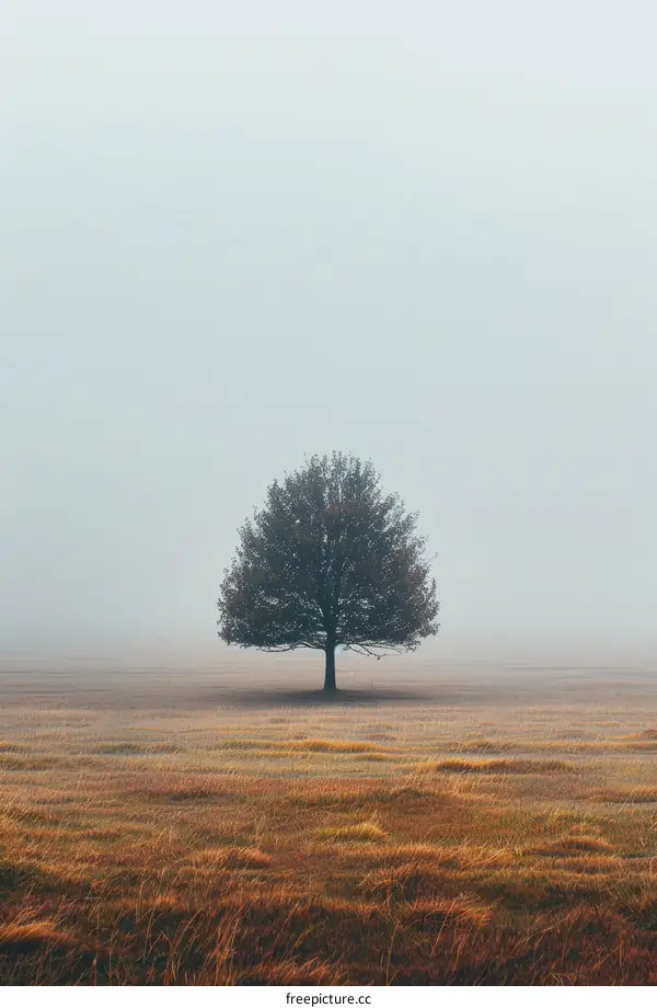 tree in the middle of a grass field with fog