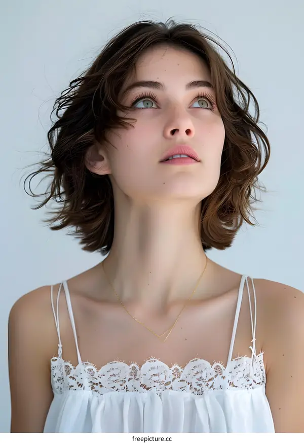 Portrait of a Young Woman with Short Brown Hair and White Lace Top