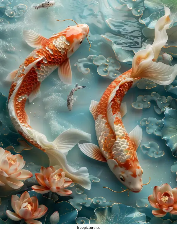 Two koi fish are swimming in a pond with water lilies