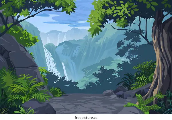 Green Foliage Landscape Illustration With Waterfall