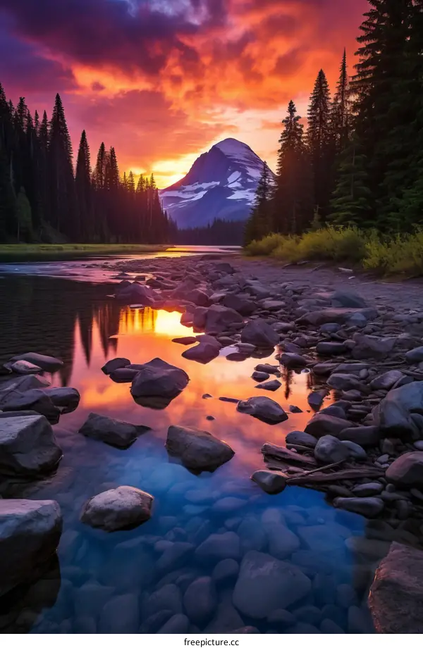 The setting sun casts a golden glow on the river and mountain landscape