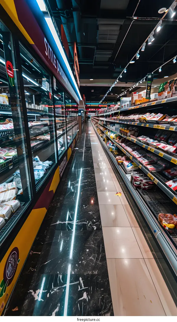 Empty Grocery Store Aisle with Meat and Cheese Products