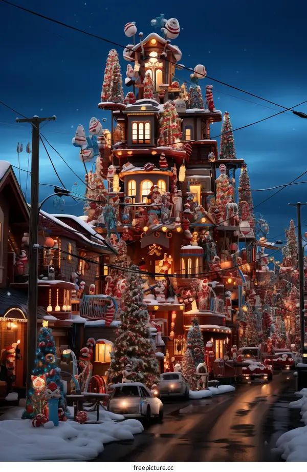 A whimsical and colorful illustration of a winter wonderland street with houses covered in Christmas decorations