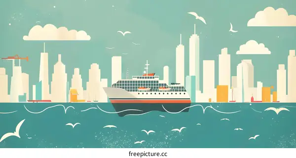 Illustration of a Cityscape with a Cruise Ship