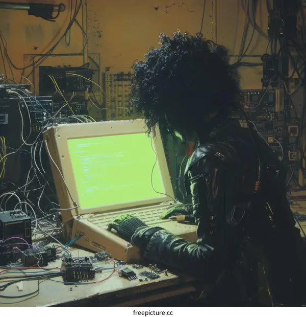 An African American person with an afro hairstyle sits hunched over a computer terminal with green screen display. There are many wires and electronic components on the walls and floor around them.