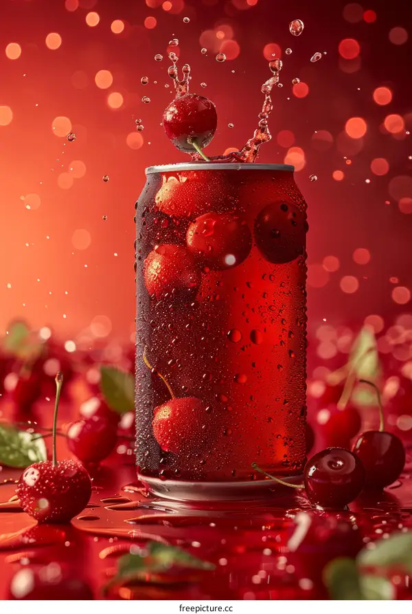 A can of cherry soda with a cherry on top and a splash of soda