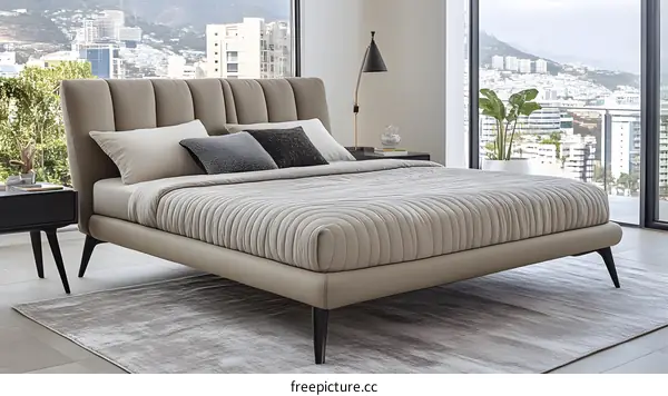 Modern Beige Bed with Black Legs in Minimalist Bedroom