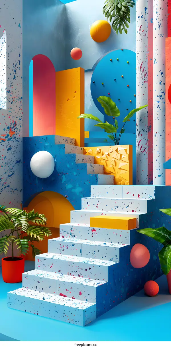 3D rendering of a colorful room with stairs, plants, and geometric shapes