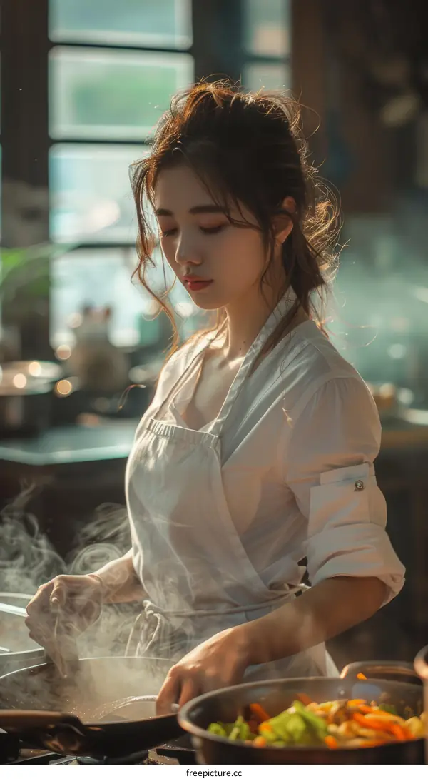 A woman in a white apron is cooking in a kitchen.