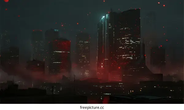 Cyberpunk Nightscape with Futuristic Skyscrapers and Red Lights