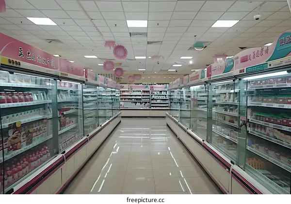 Empty Supermarkets Aisle With Refrigerated Display Units