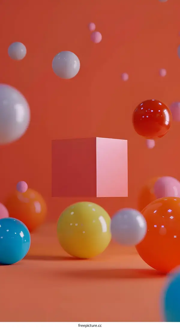 Abstract 3D Illustration with Colorful Balls and a Red Cube