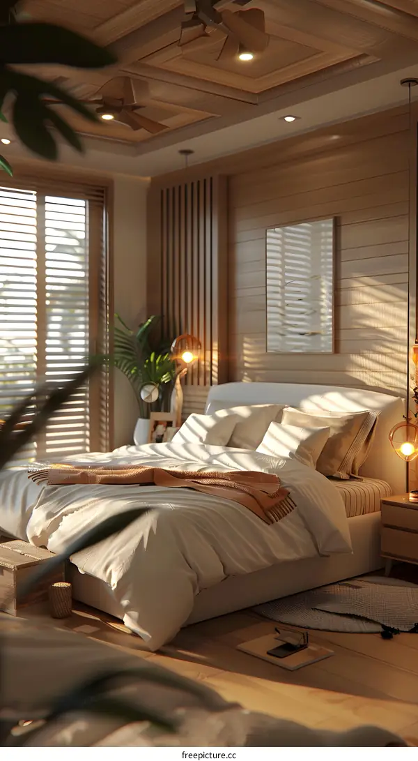 Beachfront bedroom decorated with palm trees