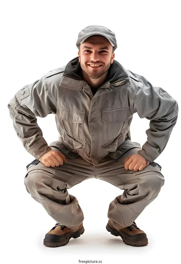 Man in Workwear Crouching