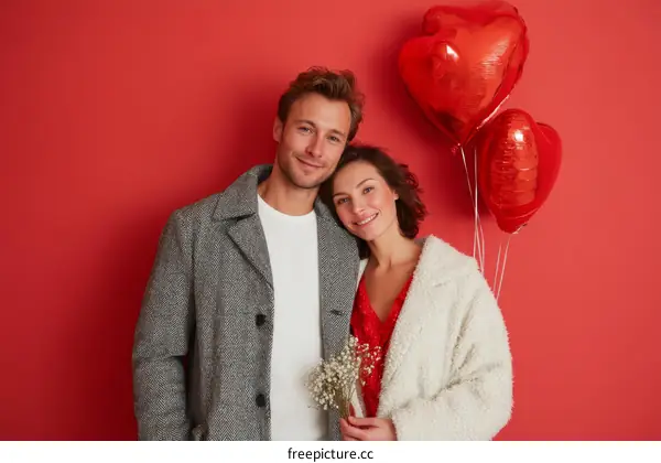 Couple Posing with Heart Balloons against Red Background