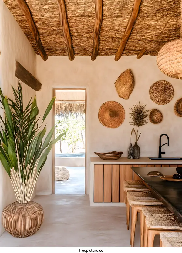 Modern Kitchen with Wooden Beams and Woven Accents