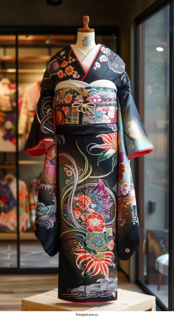 Traditional Japanese Kimono with Floral and Wave Pattern