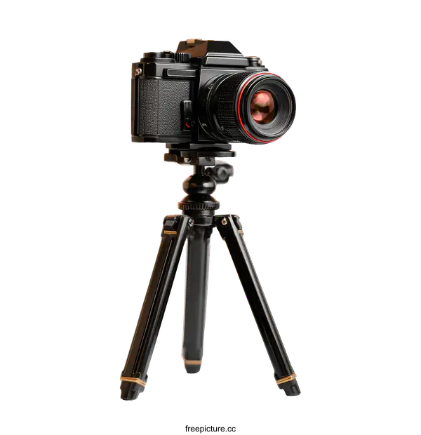 [Transparent Background PNG]Vintage Black Camera on Tripod against White Background