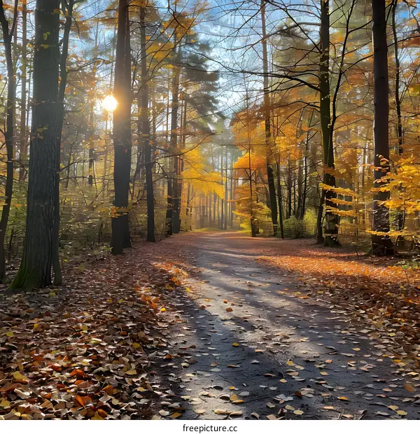 Autumn Forest Path with Sun Shining Through the Trees