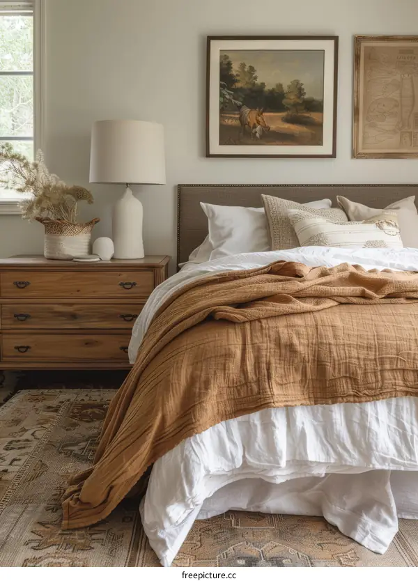 Earthy Modern Bedroom With Textured Blanket And Vintage Art