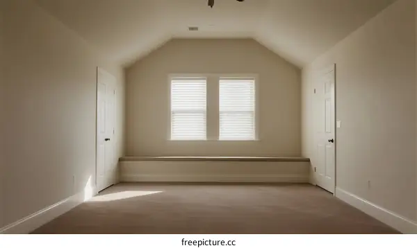 Empty room with slanted ceiling and two windows