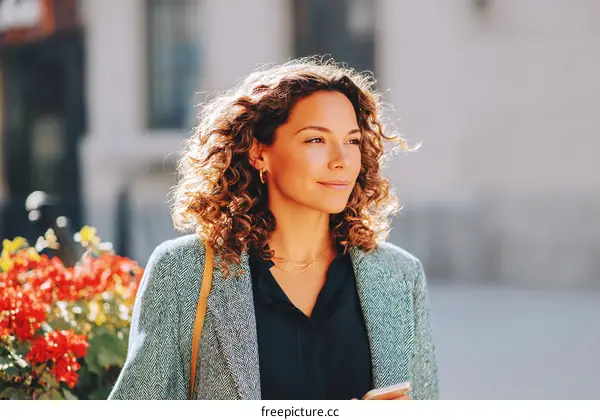 Business Woman Outdoors with Curly Hair