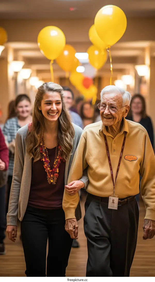 Happy senior man and woman walking arm in arm down the hallway